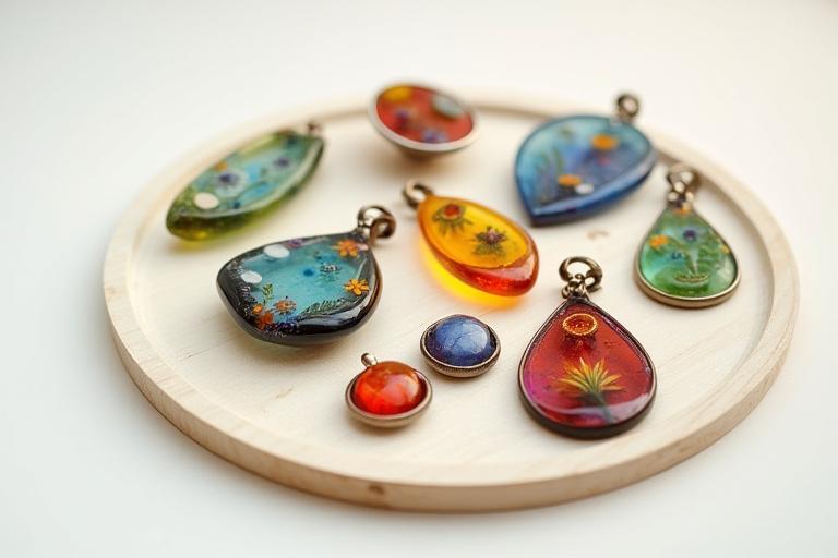 Colorful fused glass jewelry pieces on display